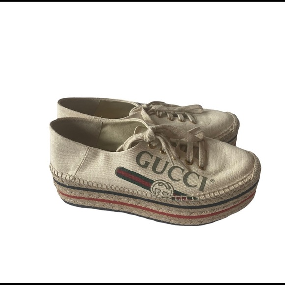 Gucci Cream Logo Print Platform Espadrilles Flats - Picture 7 of 7
